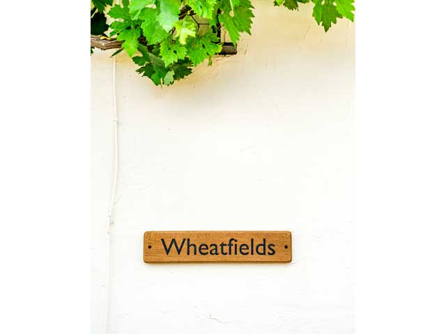 rendered exterior wall with wisteria leaves hanging above a wooden sign reading 'Wheatfields'